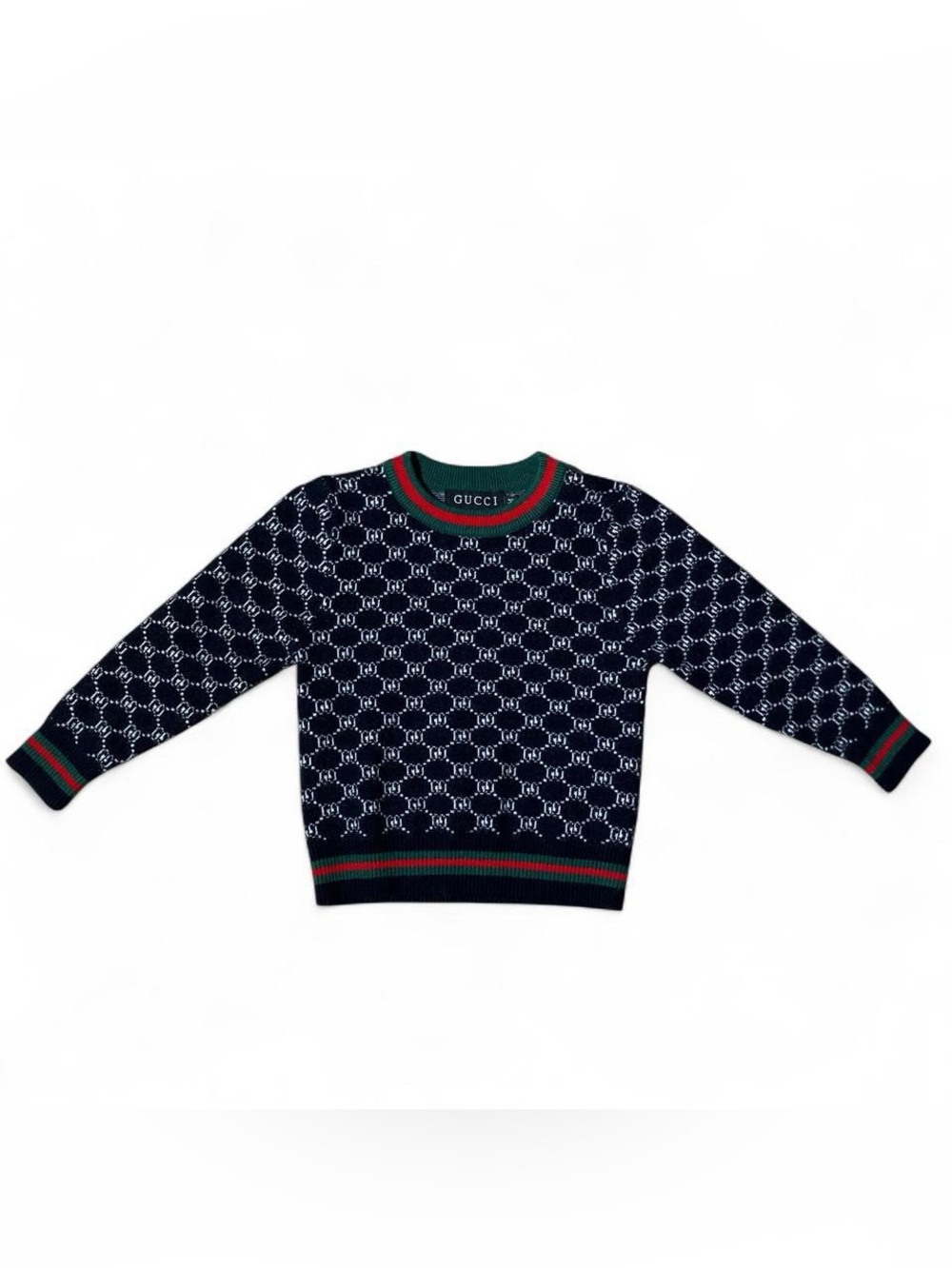 Kids Gucci Black GG Jacquard Crewneck Sweater with Red & Green Trim